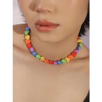 OJERRY Y2K Kawaii Cutecore Aesthetic Colorful Rainbow Chunky Heart Beaded Choker Cool Beach Necklaces Jewelry Accessories Coolest Romantic Gifts for Women Her Trendy Stuff