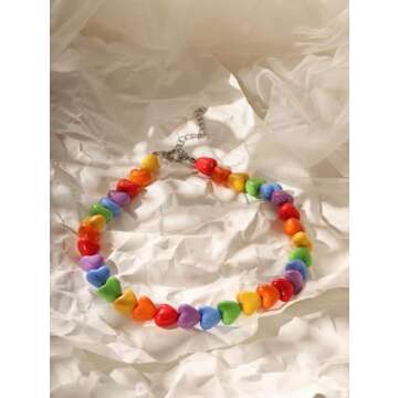 OJERRY Y2K Kawaii Cutecore Aesthetic Colorful Rainbow Chunky Heart Beaded Choker Cool Beach Necklaces Jewelry Accessories Coolest Romantic Gifts for Women Her Trendy Stuff