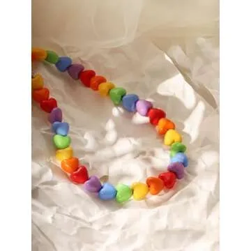 OJERRY Y2K Kawaii Cutecore Aesthetic Colorful Rainbow Chunky Heart Beaded Choker Cool Beach Necklaces Jewelry Accessories Coolest Romantic Gifts for Women Her Trendy Stuff