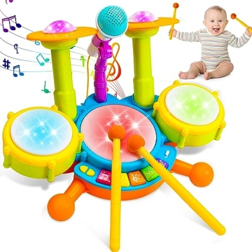 Kids Drum Set for Toddlers 1-3 Musical Baby Toys with Microphone and Lights for Learning and Fun