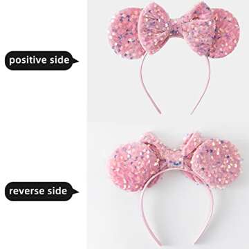 PAITTY Pearl Mouse Ears Bow Headbands for Girls Kids Sparkle Hair Band Ear Headband Party Princess Trip Cosplay Costume Decor (Pink Sequin)