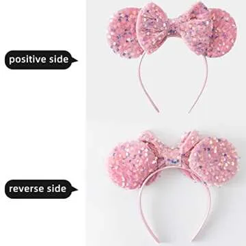 PAITTY Pearl Mouse Ears Bow Headbands for Girls Kids Sparkle Hair Band Ear Headband Party Princess Trip Cosplay Costume Decor (Pink Sequin)