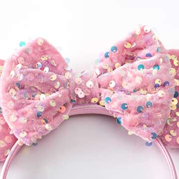 PAITTY Pearl Mouse Ears Bow Headbands for Girls Kids Sparkle Hair Band Ear Headband Party Princess Trip Cosplay Costume Decor (Pink Sequin)