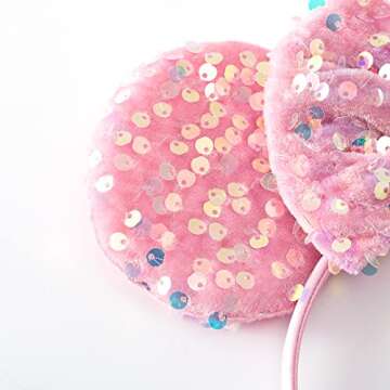 PAITTY Pearl Mouse Ears Bow Headbands for Girls Kids Sparkle Hair Band Ear Headband Party Princess Trip Cosplay Costume Decor (Pink Sequin)