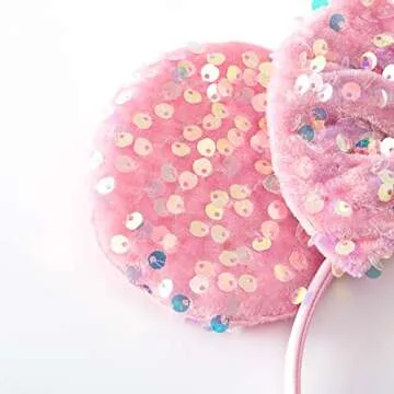 PAITTY Pearl Mouse Ears Bow Headbands for Girls Kids Sparkle Hair Band Ear Headband Party Princess Trip Cosplay Costume Decor (Pink Sequin)