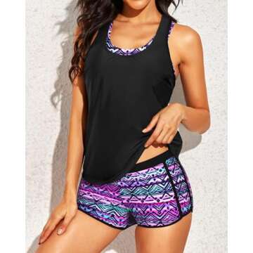 Yonique 3 Piece Athletic Tankini Swimsuits for Women with Shorts Swim Tank Tops with Sports Bra and Boyshorts Bathing Suits XL Tribal Pattern