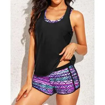 Yonique 3 Piece Athletic Tankini Swimsuits for Women with Shorts Swim Tank Tops with Sports Bra and Boyshorts Bathing Suits XL Tribal Pattern