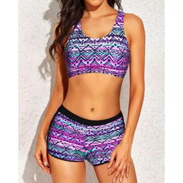Yonique 3 Piece Athletic Tankini Swimsuits for Women with Shorts Swim Tank Tops with Sports Bra and Boyshorts Bathing Suits XL Tribal Pattern