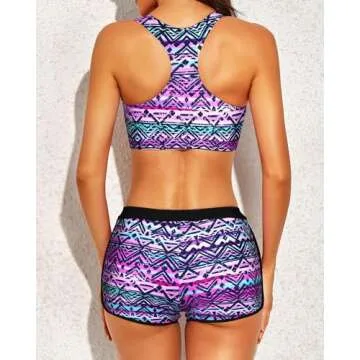 Yonique 3 Piece Athletic Tankini Swimsuits for Women with Shorts Swim Tank Tops with Sports Bra and Boyshorts Bathing Suits XL Tribal Pattern