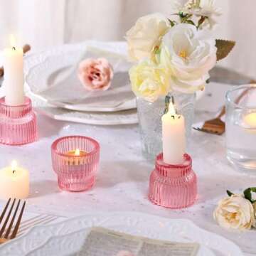HAVITI 12pcs Pink Taper Candle Holders, Glass Candlestick Holders, Tea Light Candle Holder for Weddi...