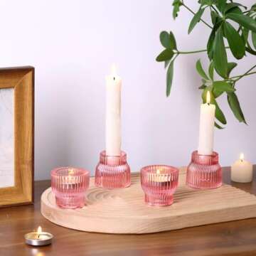 HAVITI 12pcs Pink Taper Candle Holders, Glass Candlestick Holders, Tea Light Candle Holder for Wedding Centerpieces Table Decorations, Votive Candle Holders for Baby Shower Galentines Valentine's Day