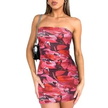 ABMOIU Women's 2024 Floral Tube Mini Dress Strapless Backless Party Club Short Ruched Bodycon Dresse...