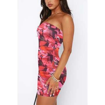 ABMOIU Women's 2024 Floral Tube Mini Dress Strapless Backless Party Club Short Ruched Bodycon Dresses Pink Large