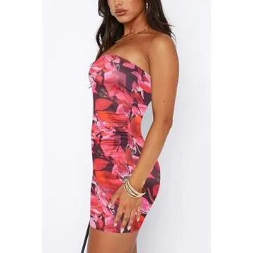 ABMOIU Women's 2024 Floral Tube Mini Dress Strapless Backless Party Club Short Ruched Bodycon Dresses Pink Large