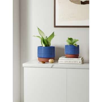 LE TAUCI Plant Pots Indoor, 5.5 + 6.8 Inch Ceramic Pots for Plants with Drainage Holes for Home and Office, Round Modern Flower Pots for Succulent Cactus, Set of 2, Aqua Blue