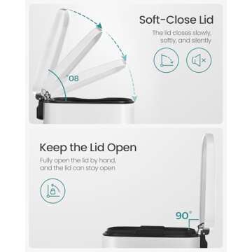 SONGMICS 13 Gallon (50 L) Trash Can, Stainless Steel Kitchen Garbage Can, Recycling or Waste Bin, Soft Close, Step-On Pedal, Removable Inner Bucket, White ULTB050W01