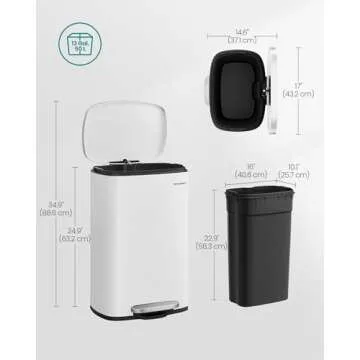 SONGMICS 13 Gallon (50 L) Trash Can, Stainless Steel Kitchen Garbage Can, Recycling or Waste Bin, Soft Close, Step-On Pedal, Removable Inner Bucket, White ULTB050W01