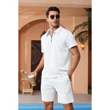 Aulemen Mens 2 Piece Zip Tracksuit Short Sleeve Print Polo Shirt and Shorts Sets Summer Outfits for Men White Plus Size