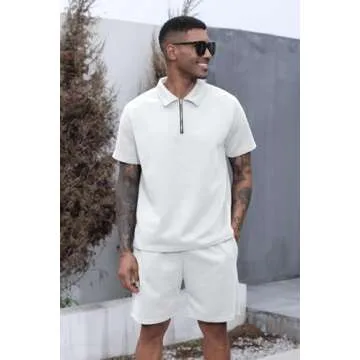 Aulemen Mens 2 Piece Zip Tracksuit Short Sleeve Print Polo Shirt and Shorts Sets Summer Outfits for Men White Plus Size