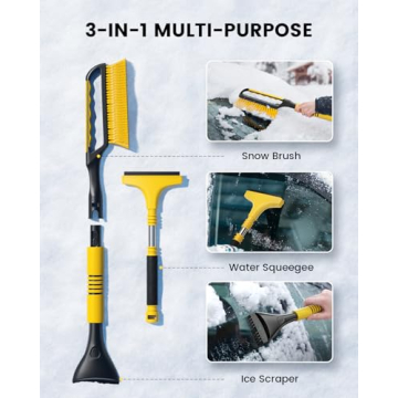 AUTOWN 2 Pack 27" Snow Brush and Ice Scraper for Car Windshield, 3-in-1 Ice Scraper & Snow Brush & Water Squeegee, Detachable Snow Scrapers with Ergonomic Foam Grip for Cars, Trucks, SUVs