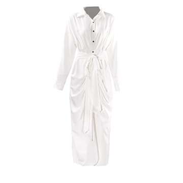 Sedrinuo Women Sexy Long Sleeve Ruched Dress Tie Front Button Up Loose Maxi Dresses White