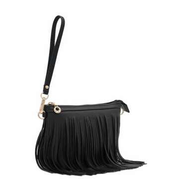 FashionPuzzle Small Fringe Crossbody Bag with Wrist Strap (Black)