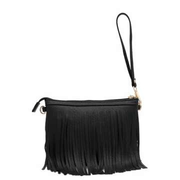 FashionPuzzle Small Fringe Crossbody Bag with Wrist Strap (Black)
