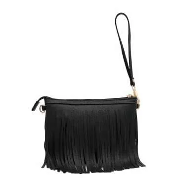 FashionPuzzle Small Fringe Crossbody Bag with Wrist Strap (Black)