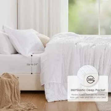 Love's cabin Seersucker White Queen Comforter Set 7 Pieces, All Season Lightweight Bedding Set, Queen Bed in a Bag Comforter Set with Comforter, Flat Sheet, Fitted Sheet, Pillowcase and Pillow Sham