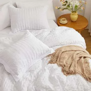 Love's cabin Seersucker White Queen Comforter Set 7 Pieces, All Season Lightweight Bedding Set, Queen Bed in a Bag Comforter Set with Comforter, Flat Sheet, Fitted Sheet, Pillowcase and Pillow Sham