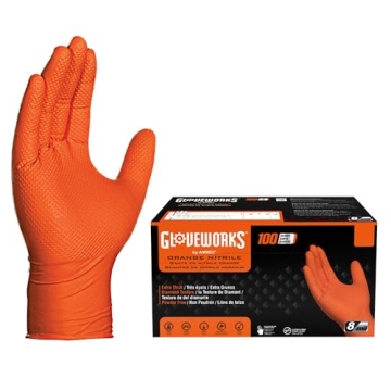 GLOVEWORKS HD Orange Nitrile Industrial Disposable Gloves - 8 Mil, Latex-Free, Raised Diamond Textur...