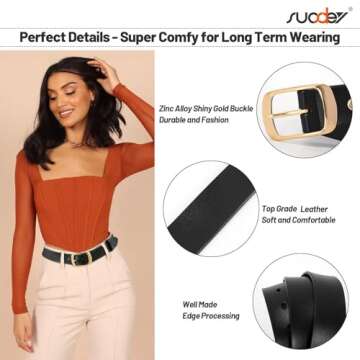 SUOSDEY Fashion Womens Leather Belt, Soft Leather Waist Belt with Gold Pin Buckle for Jeans Pants,width 1.3"