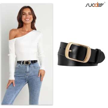 SUOSDEY Fashion Womens Leather Belt, Soft Leather Waist Belt with Gold Pin Buckle for Jeans Pants,width 1.3"