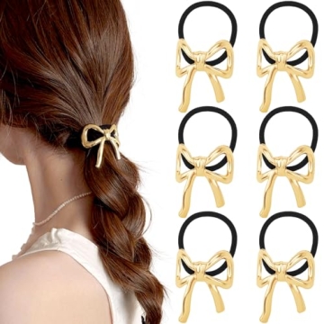 6Pcs Gold Bow Ponytail Holders - Elegant Metal Hair Ties for Women & Girls