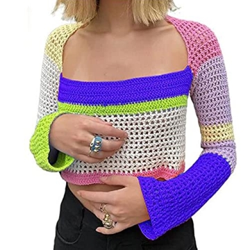 Sunloudy Womens Cropped Knit Top Long Sleeve Crochet Hollow Out Square Collar Sweater Crop Tops