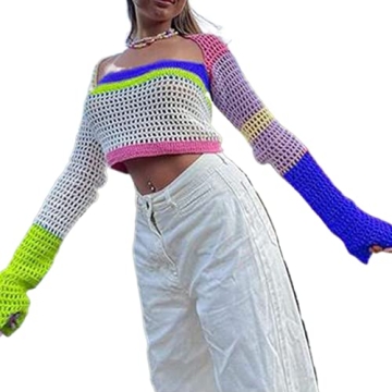 Sunloudy Womens Cropped Knit Top Long Sleeve Crochet Hollow Out Square Collar Sweater Crop Tops