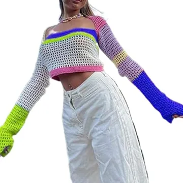 Sunloudy Womens Cropped Knit Top Long Sleeve Crochet Hollow Out Square Collar Sweater Crop Tops