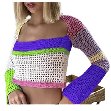 Sunloudy Womens Cropped Knit Top Long Sleeve Crochet Hollow Out Square Collar Sweater Crop Tops