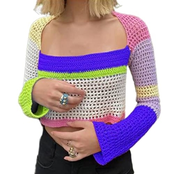 Sunloudy Womens Cropped Knit Top Long Sleeve Crochet Hollow Out Square Collar Sweater Crop Tops