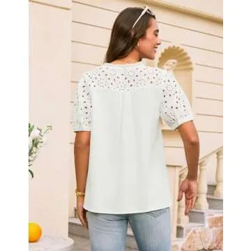 Dressy Tops for Women Short Sleeve Drawstring Tops V Neck Puff Sleeve Shirts Business Blouse White XXL