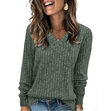 SAMPEEL Long Sleeve Shirts for Women V Neck Basic Fall Tops Comfy Pullover Winter Christmas Sweater ...