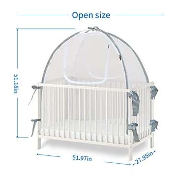 Baby Crib Tent Safety Net, Durable Strong Self-Locking Zippers, Protects from Climbing Out and, Insects, Mosquitoes, Installs with Rods (Crib 52.25" - 28.25")