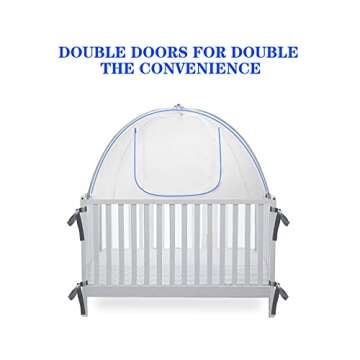 Baby Crib Tent Safety Net, Durable Strong Self-Locking Zippers, Protects from Climbing Out and, Insects, Mosquitoes, Installs with Rods (Crib 52.25" - 28.25")