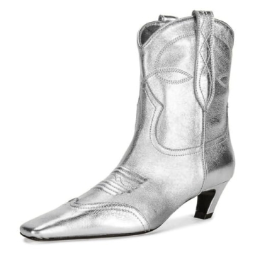 FSJ Stylish Women Square Toe Comfort Kitten Low Heel Ankle Bootie - Silver