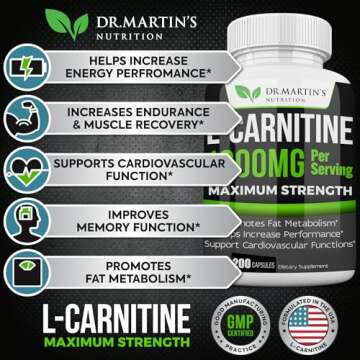 DR. MARTIN'S NUTRITION Extra Strength L-Carnitine - 200 Capsules - 1000mg Per Serving - Boost Your Metabolism and Increase Performance