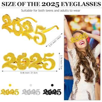 Kanayu 3 Pcs 2025 Glasses New Years Eve Glasses Props 2025 New Years Party Supplies for Women Men, G...