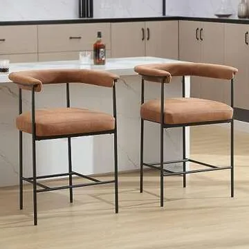 DUOMAY Modern Barrel Bar Stools Set of 2, 26" Counter Height Stools with Arms, Faux Leather Upholstered Barstools Kitchen Island Stools with Black Metal Frame for Kitchen Home Bar Office, Brown