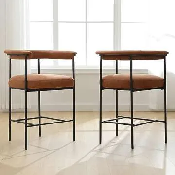DUOMAY Modern Barrel Bar Stools Set of 2, 26" Counter Height Stools with Arms, Faux Leather Upholstered Barstools Kitchen Island Stools with Black Metal Frame for Kitchen Home Bar Office, Brown