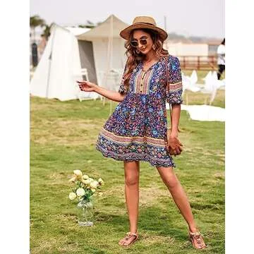 Chigant Womans Bohemian V Neck Long Sleeve Summer Casual Loose Flowy Shift Vintage Dress Short Pockets Dark Blue S