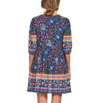 Chigant Womans Bohemian V Neck Long Sleeve Summer Casual Loose Flowy Shift Vintage Dress Short Pockets Dark Blue S